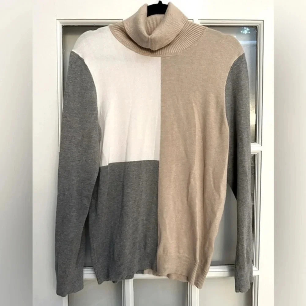 Calvin Klein YK2 Tan White Grey Turtleneck Color Block Sweater Size L Large